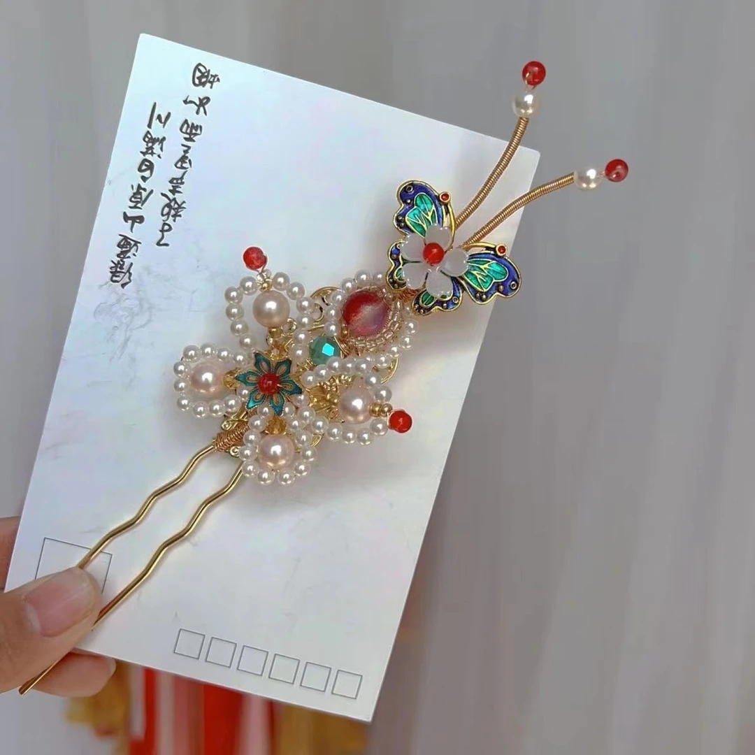 前尘梦汉服配饰古风辑珠多宝蝴蝶烧蓝古典国风手工明制素款簪发