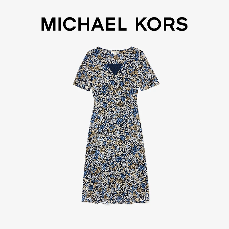 MICHAEL KORS 夏季 V 领碎花收腰显瘦短袖雪纺轻薄长款连衣裙