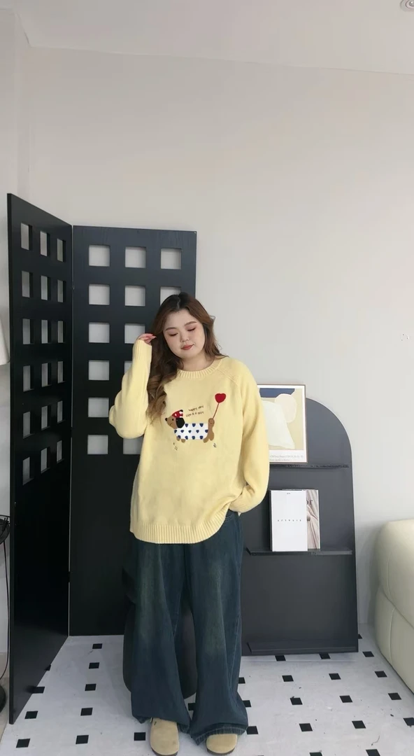 096-2[胖鹿鹿大码定制]刺绣软糯套头毛衣女秋冬宽松外穿慵懒上衣