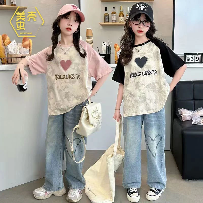 中大童女童夏季短袖2025新款插肩袖T恤小清新网红半袖休闲上衣潮t