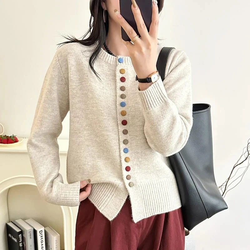 2024新款大码胖MM圆领彩虹扣针织开衫外套女宽松慵懒风秋冬季韩系
