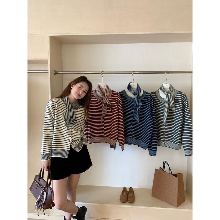 韩系减龄撞色围巾条纹毛衣针织开衫女秋季新款宽松百搭上衣外套