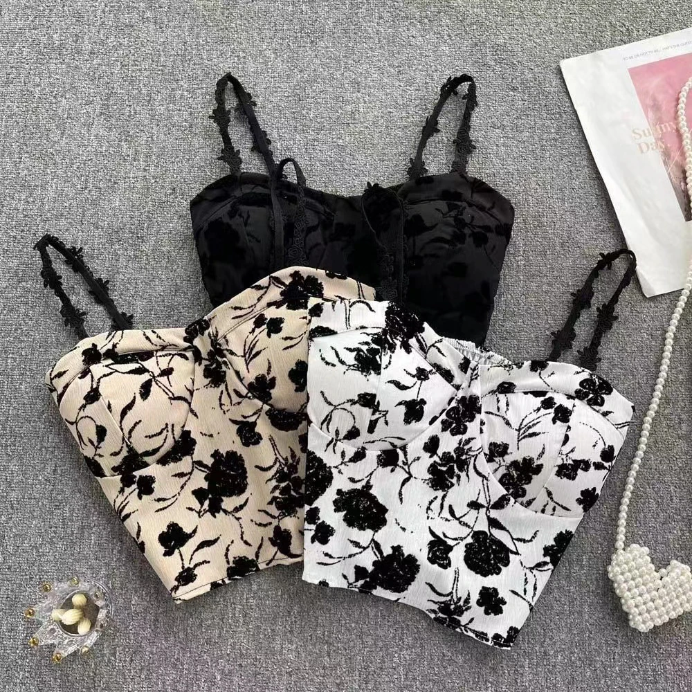 法式复古玫瑰碎花小吊带内搭外穿夏季设计感美背小众辣妹短款上衣