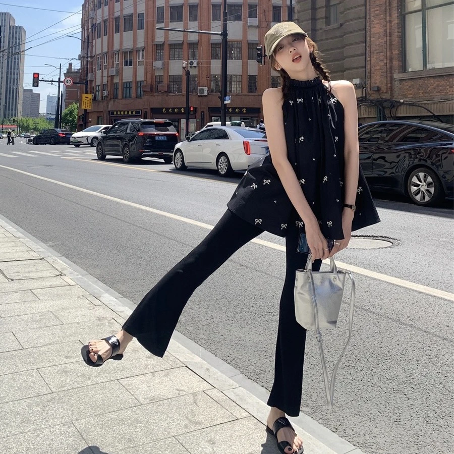 法式刺绣拼接丝绒花边黑色挂脖吊带背心衬衫上衣女2024年夏季新款