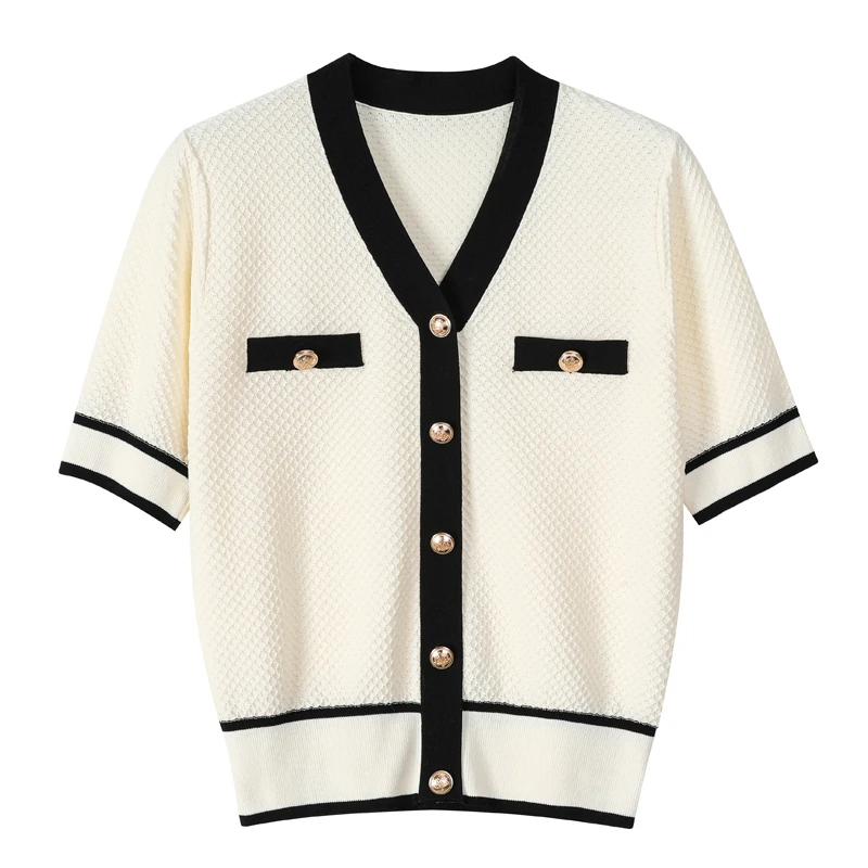 J-毛衣针织衫上衣女装夏季撞色百搭黑白法式轻奢短款气质设计感