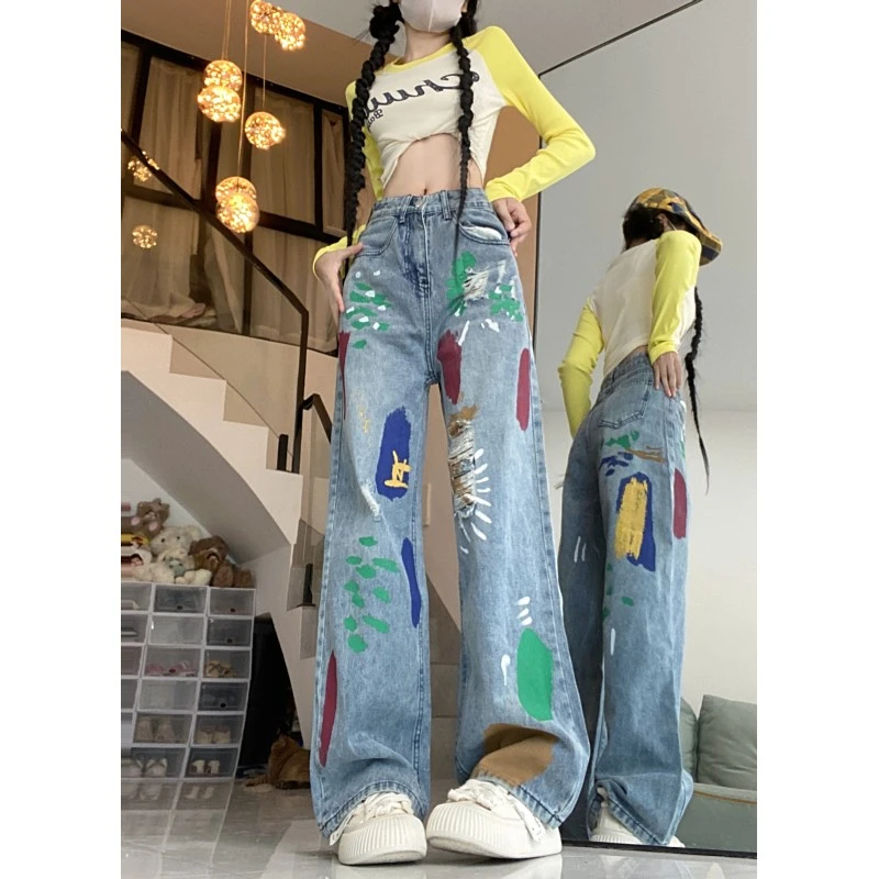 彩绘破洞牛仔裤男春季直筒夏季宽松男款拖地裤男士牛仔裤新款美式