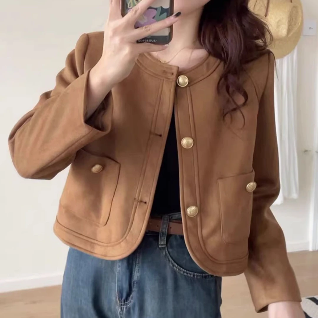 春秋新款圆领短款外套女小个子金属扣宽松气质夹克上衣