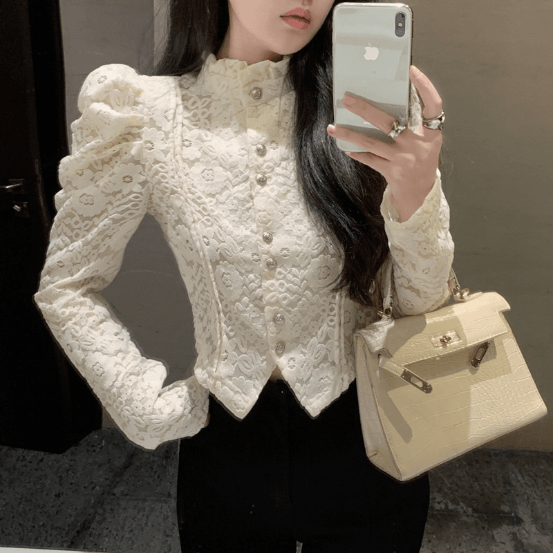 秋冬法式甜美半高领蕾丝打底衫女高级感洋气小衫泡泡长袖修身上衣