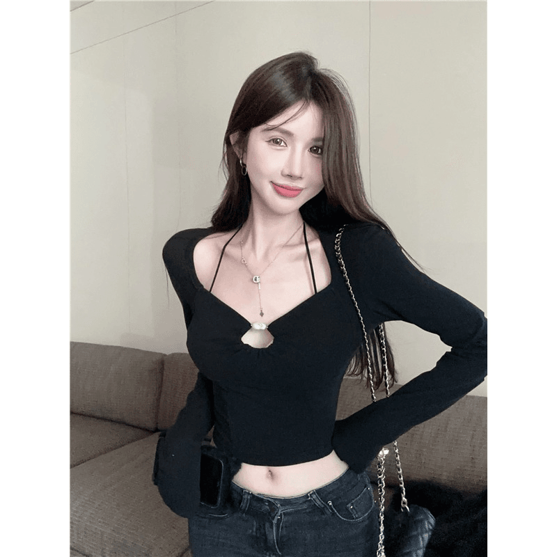 秋冬独特别致辣妹紧身短款卡腰露脐锁骨上衣长袖t恤打底衫女内搭