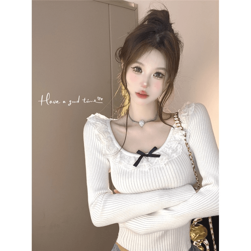 秋冬法式独特别致修身短款蕾丝蝴蝶结上衣高级感针织打底衫女内搭