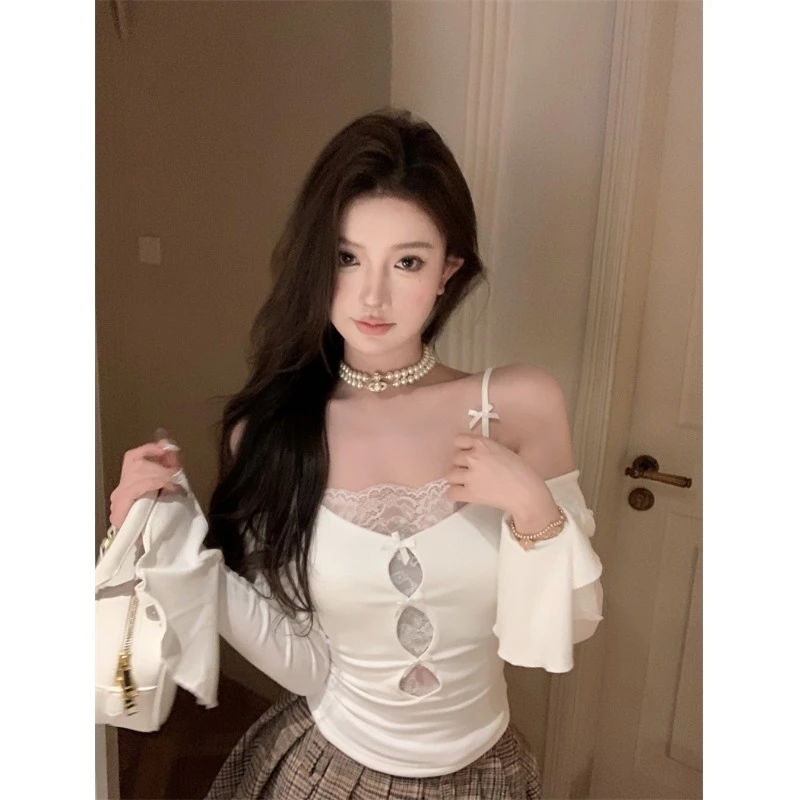 秋冬别致甜辣妹一字露肩蕾丝花边上衣高级感打底衫女内搭长袖t恤