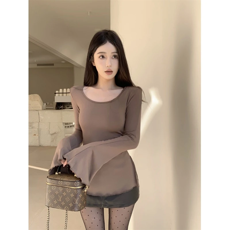 秋冬美拉德独特别致修身上衣设计感磨毛加绒打底衫女内搭长袖t恤