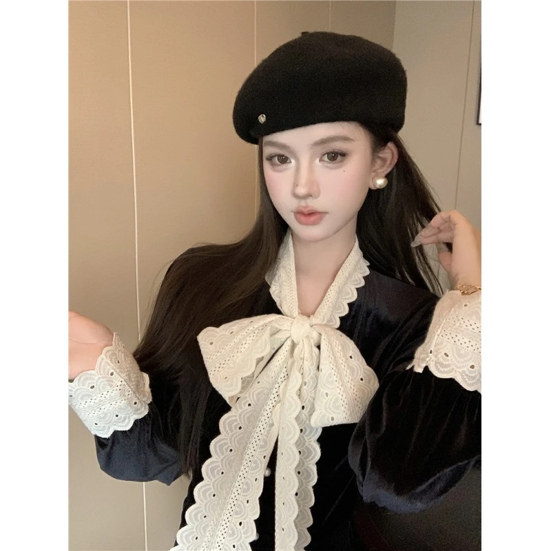 秋冬法式复古独特蝴蝶结辣妹泡泡袖丝绒打底衬衫女高级感短款上衣