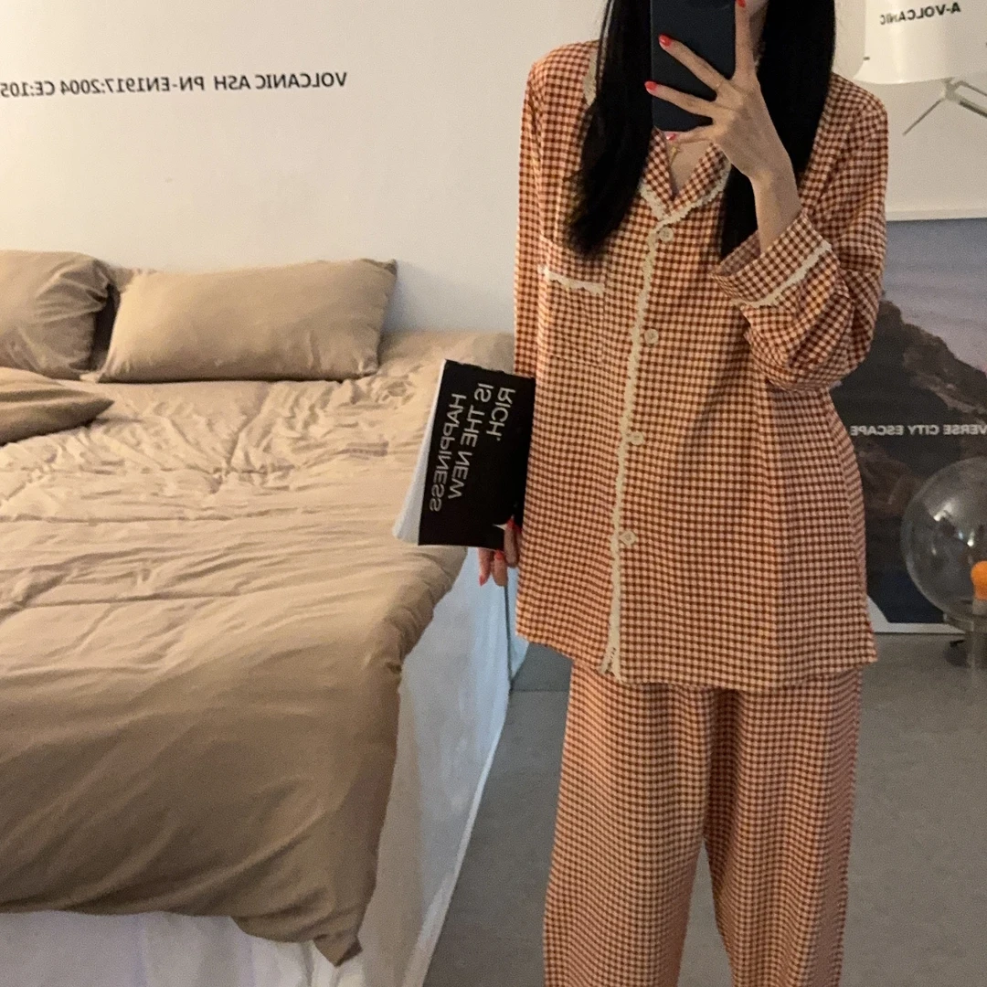 春季新款睡衣女皱皱棉简约休闲两件套家居服