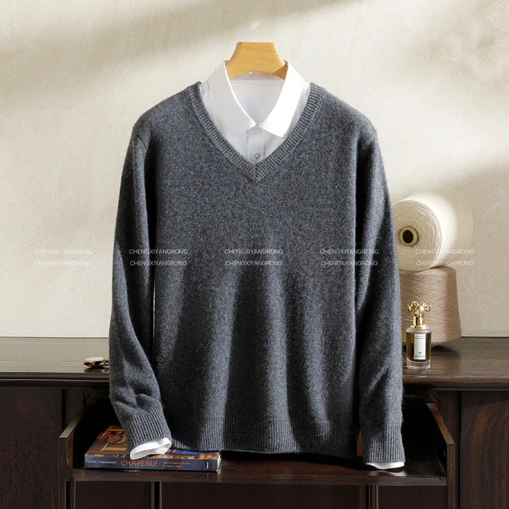 承熙100%纯山羊绒男士V领羊绒衫七针加厚打底衫400克左右