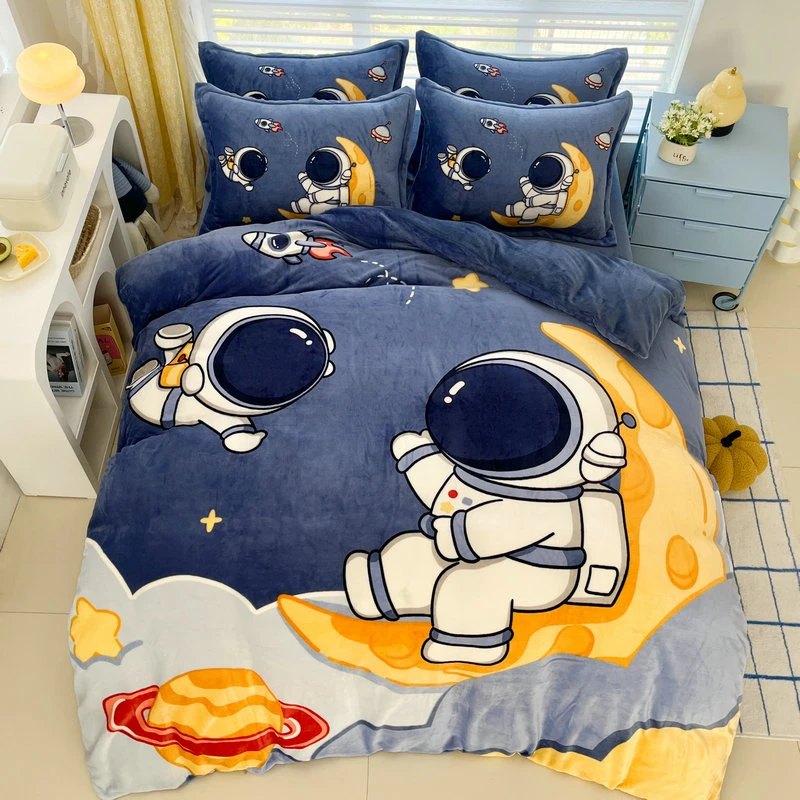 A类可爱超软牛奶绒四件套秋冬法莱绒加厚双面加绒被套床单三件套