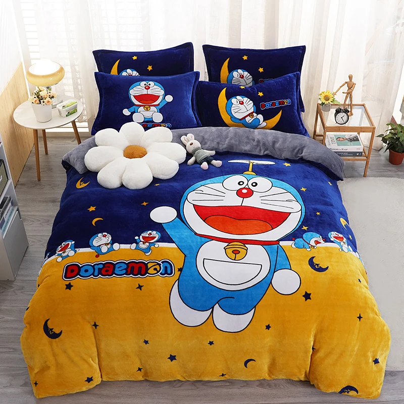 可爱卡通哆啦A梦牛奶绒四件套叮当猫珊瑚绒被套床单人儿童三件套