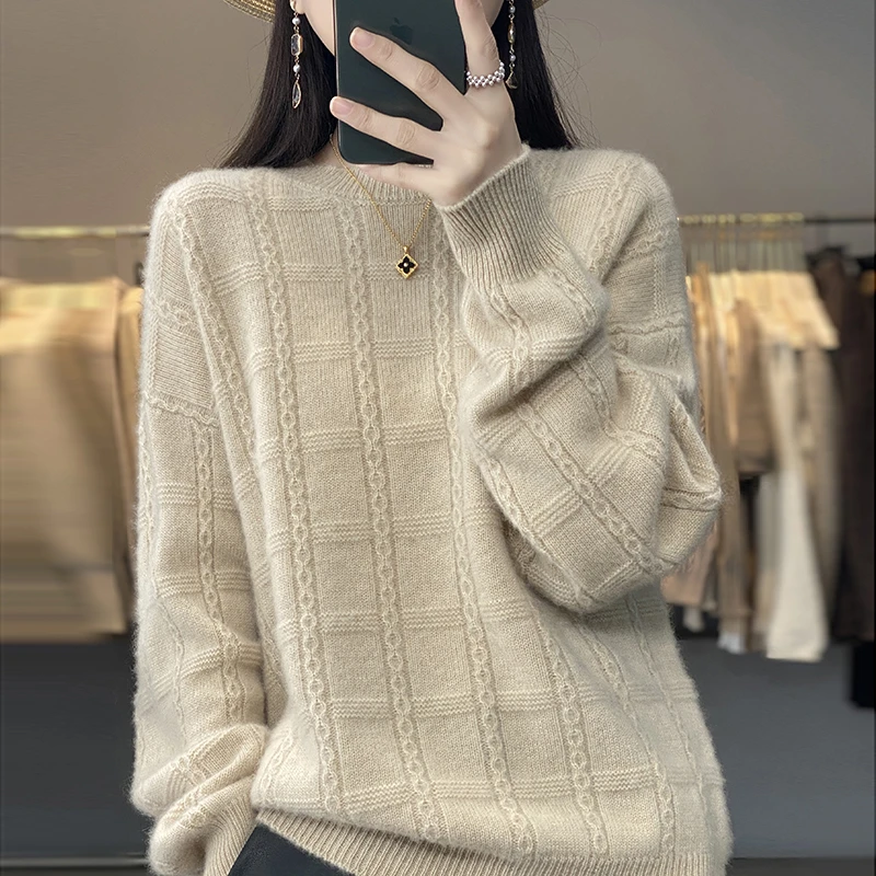 女款重磅加厚针织圆领格子100%羊毛百搭宽松显瘦时尚0916P