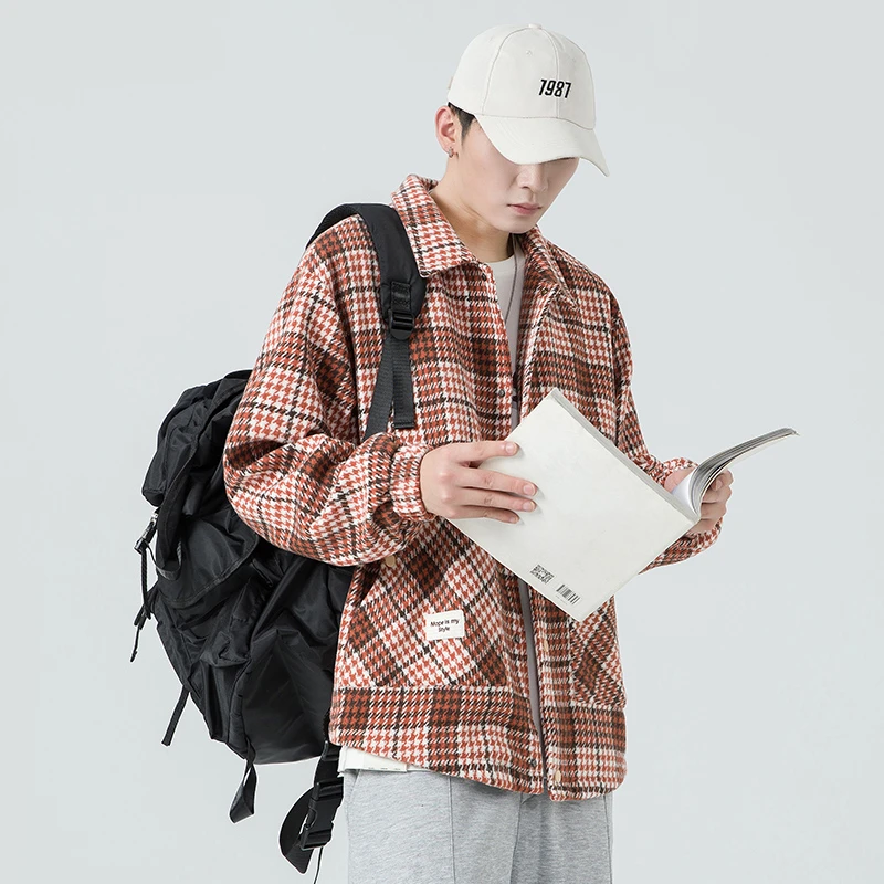 【秋季新款】千鸟格小香风衬衫夹克外套男士春秋潮牌宽松秋冬款工装