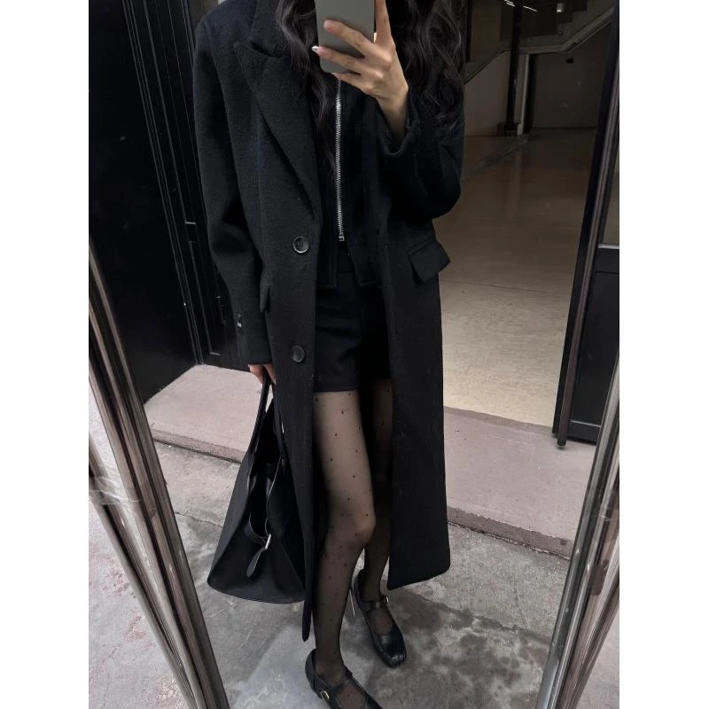 D01-D50（JIA)-黑色大衣女冬季韩系高个子气质百搭加厚外套