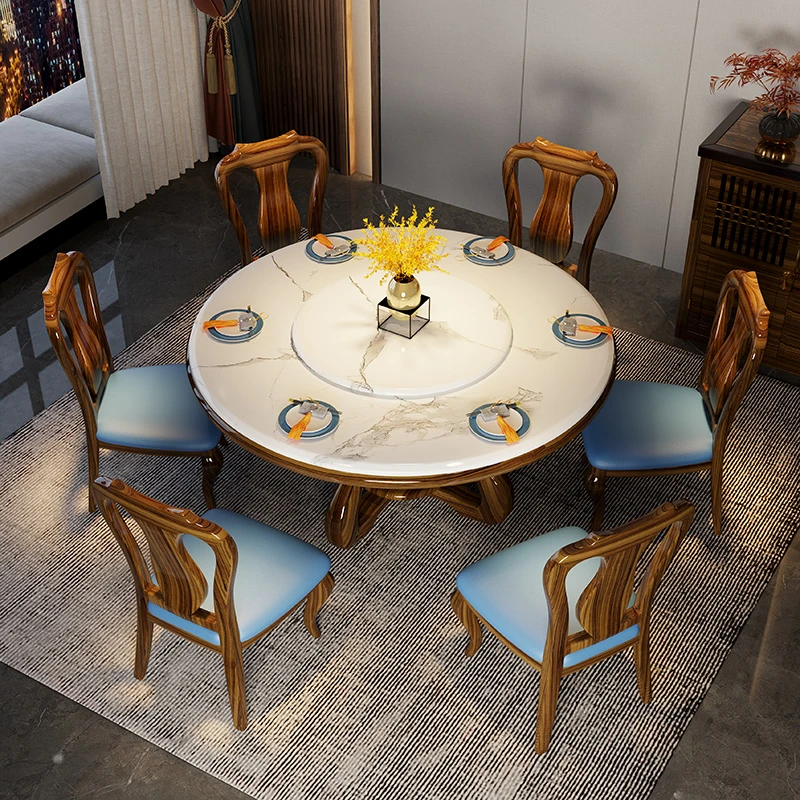 乌金木餐桌1.35圆桌实木大理石轻奢新中式餐厅家具一桌6椅简约