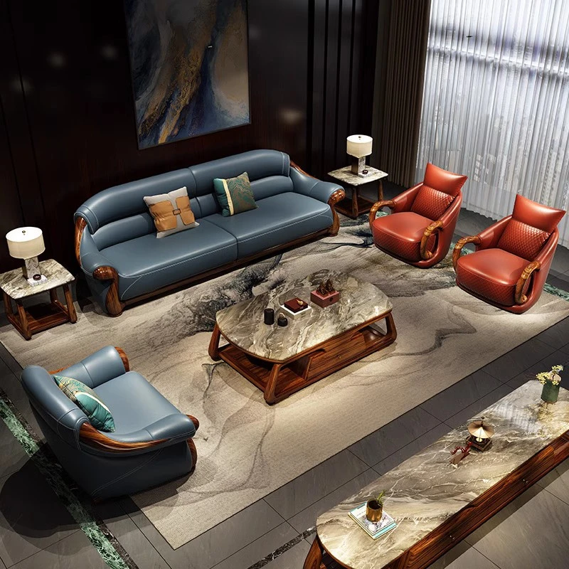 新中式乌金木真皮沙发头层牛皮现代简约别墅客厅实木124大小户型