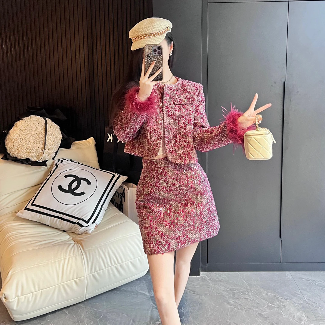 【YX高定女装】名媛千金气质小香风亮片驼鸟毛长袖半身短裙两件套装