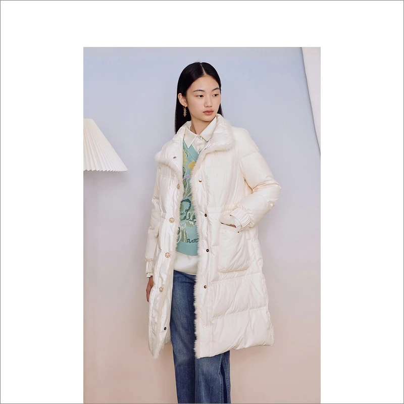 Goodland美地女装冬季款法式绒毛领立领挡风长款羽绒服LC63508040