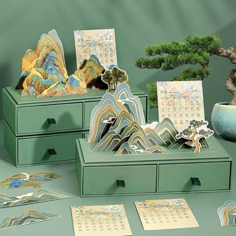 2024年新款主题定制国潮国风千里江山图创意收纳抽屉内页桌面摆件
