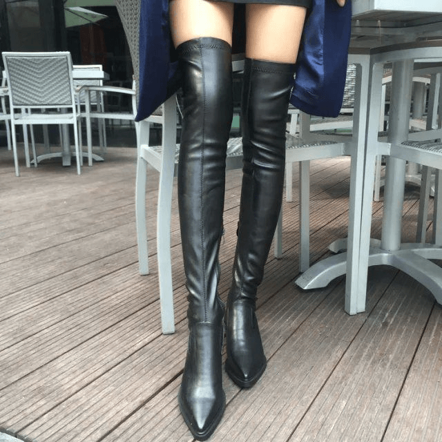 春秋长筒靴过膝靴高跟粗跟尖头马丁靴女英伦风瘦腿弹力鞋长靴子