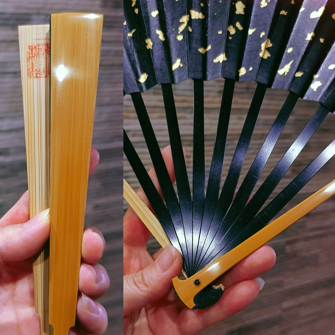 重器收藏游巍牛头铲子浙派非遗手工玉竹折扇85寸绿木小骨文玩折扇