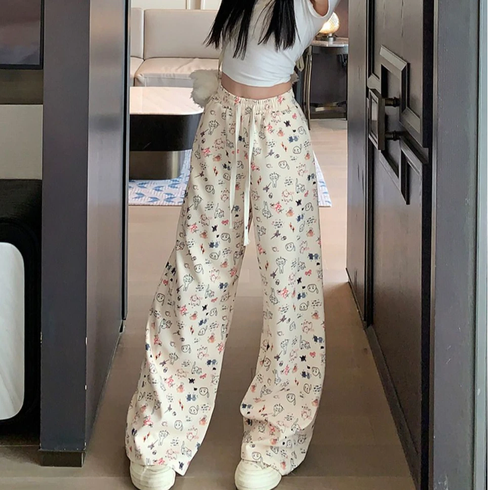 卡通满印可爱休闲直筒裤子女2024夏季薄款高腰垂感百搭显瘦阔腿裤