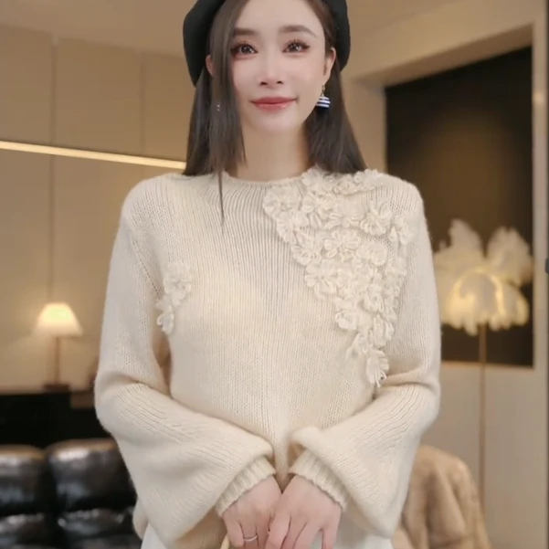 新款慵懒气质花朵秋冬款保暖针织衫毛衣上衣女LK2500176（WJX）