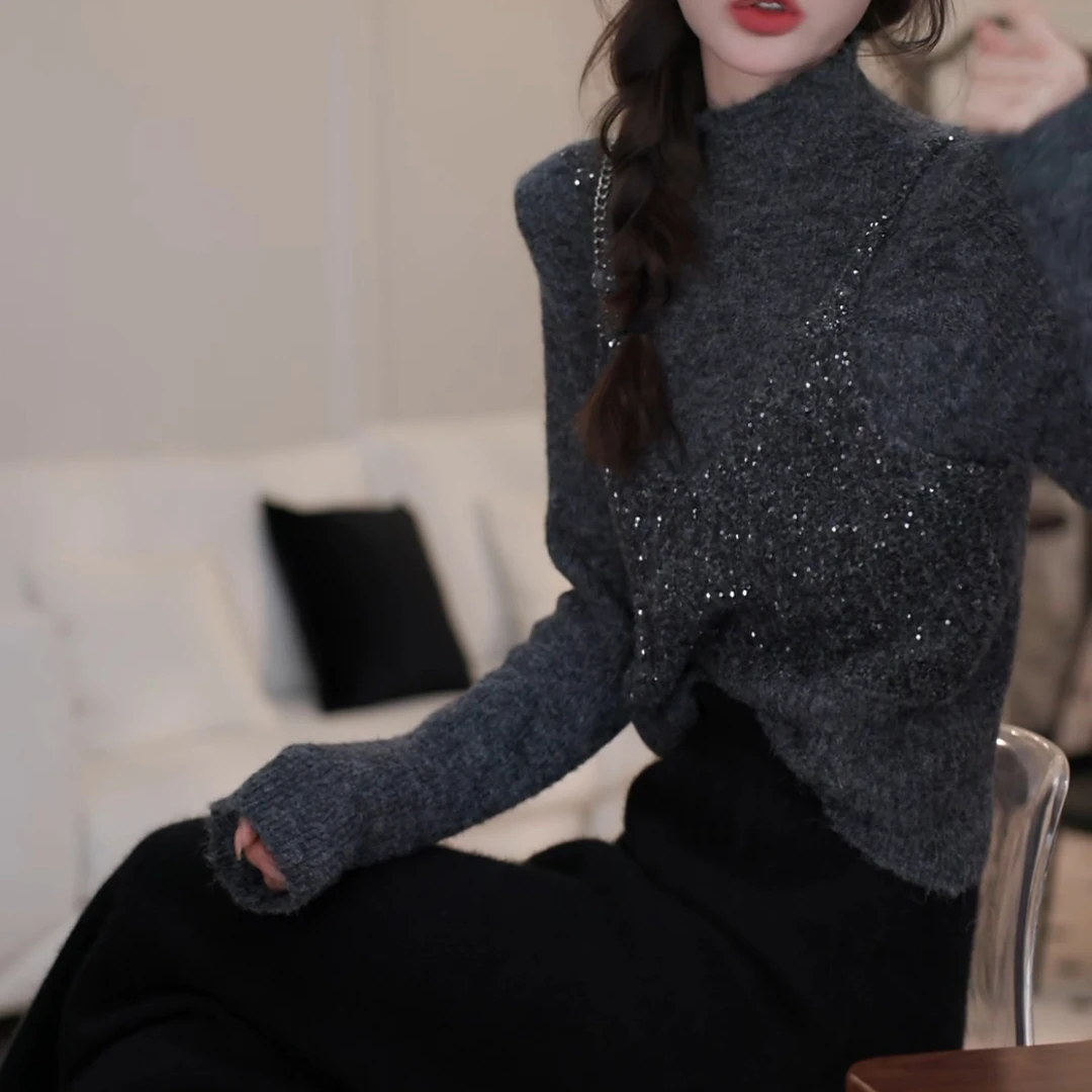 冬款新款半高领时尚亮片假两件休闲百搭舒适毛衣LK2500607
