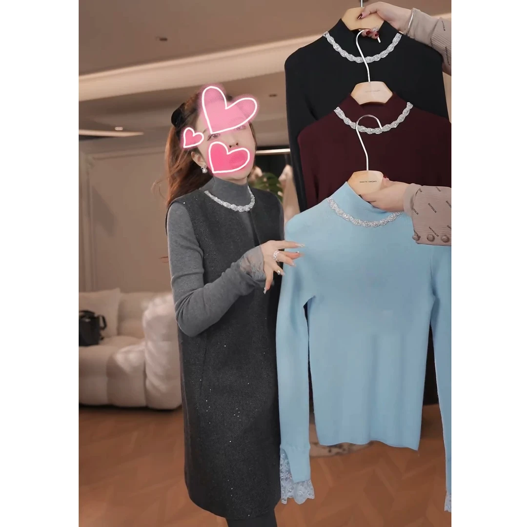 【天天粉丝专享】秋冬新款上衣长袖打底衫钉珠内搭蕾丝T恤LK2500359