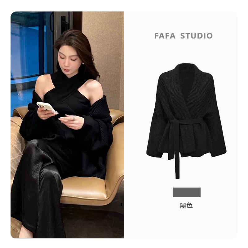 FAFA STUDIO黑色针织外套时尚休闲小众显瘦气质百搭宽松秋冬露肩