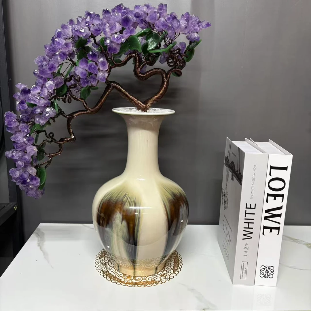 【东方韵味】天然紫水晶客厅迎客松办公室送人茶桌玄关摆件复古