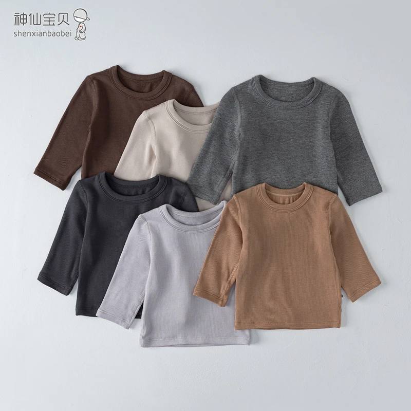 无骨薄绒纯色婴儿上衣服长袖T恤春秋冬季打底衫儿童男童女宝宝1岁