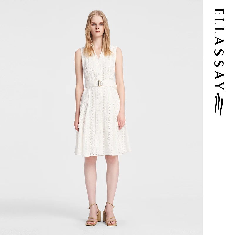 ELLASSAY/歌力思夏季新款纯棉镂空显瘦无袖连衣裙女EWB352Y04600