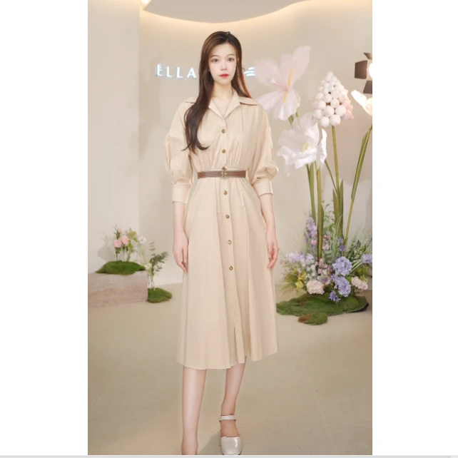 歌力思新款雅丹风纯棉气质休闲收腰风衣连衣裙女EWW342Y00400