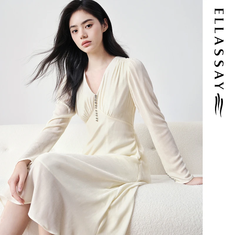 歌力思2024年新款雅丹风雅丹风法式优雅v领连衣裙女EWD353Y08400