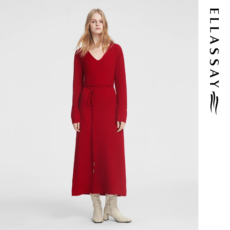 歌力思2024秋冬新款雅丹风气质修身安可拉红连衣裙EWB353M01900