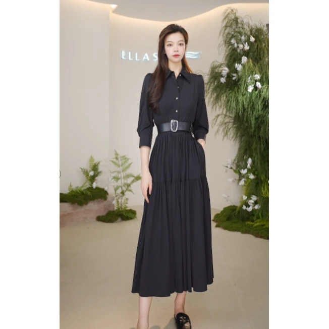 ELLASSAY歌力思春夏款收腰褶皱衬衫式连衣裙EWF331Y06600