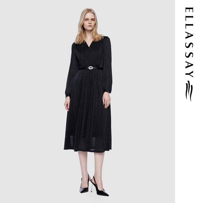 ELLASSAY歌力思2025新款醋纤收腰中长款连衣裙女EWD361Y12900