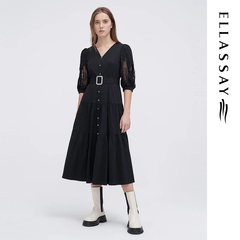 歌力思新款复古宫廷感法式罗马黑色连衣裙EWW342Y13400