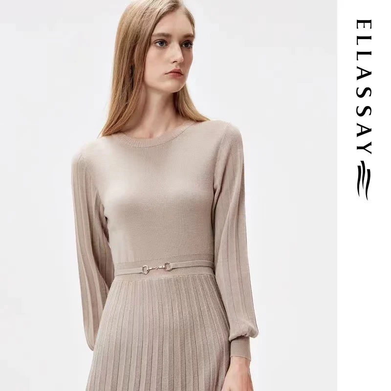 ELLASSAY歌力思秋冬款款法式显瘦气质长袖长款连衣裙EWB323M20100
