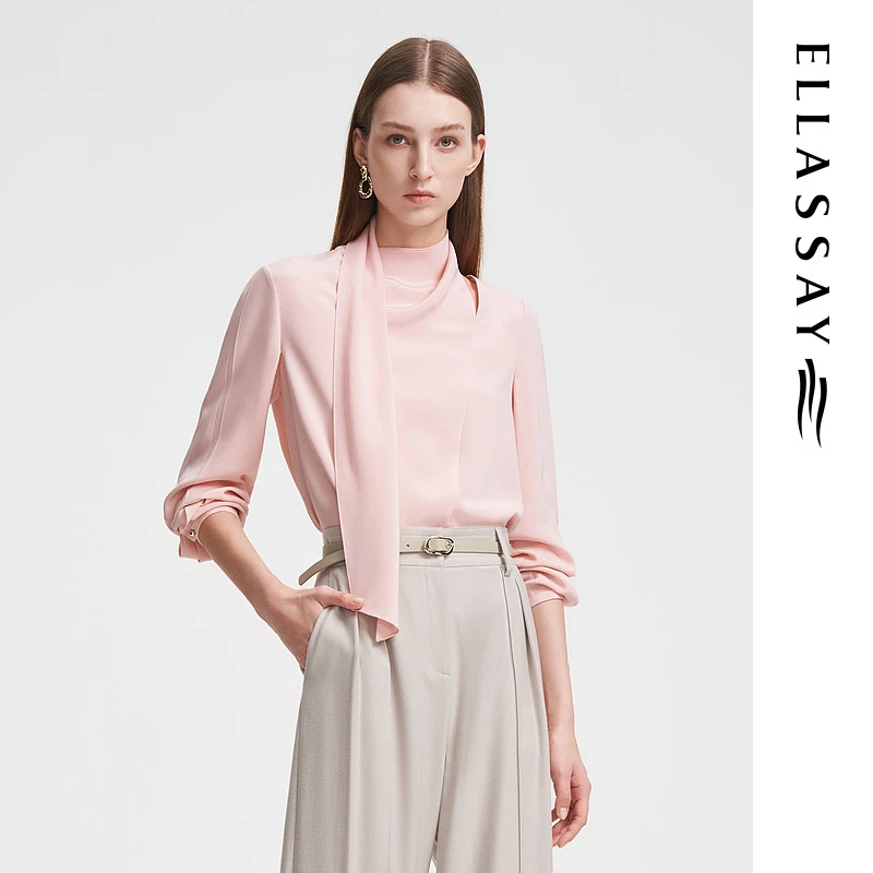 ELLASSAY歌力思2024春季新款桑蚕丝春桃粉飘带衬衫女EWF351C03000