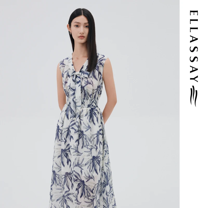 ELLASSAY歌力思新中式系带醋酸亲肤印花裙女装连衣裙EWB332Y07400