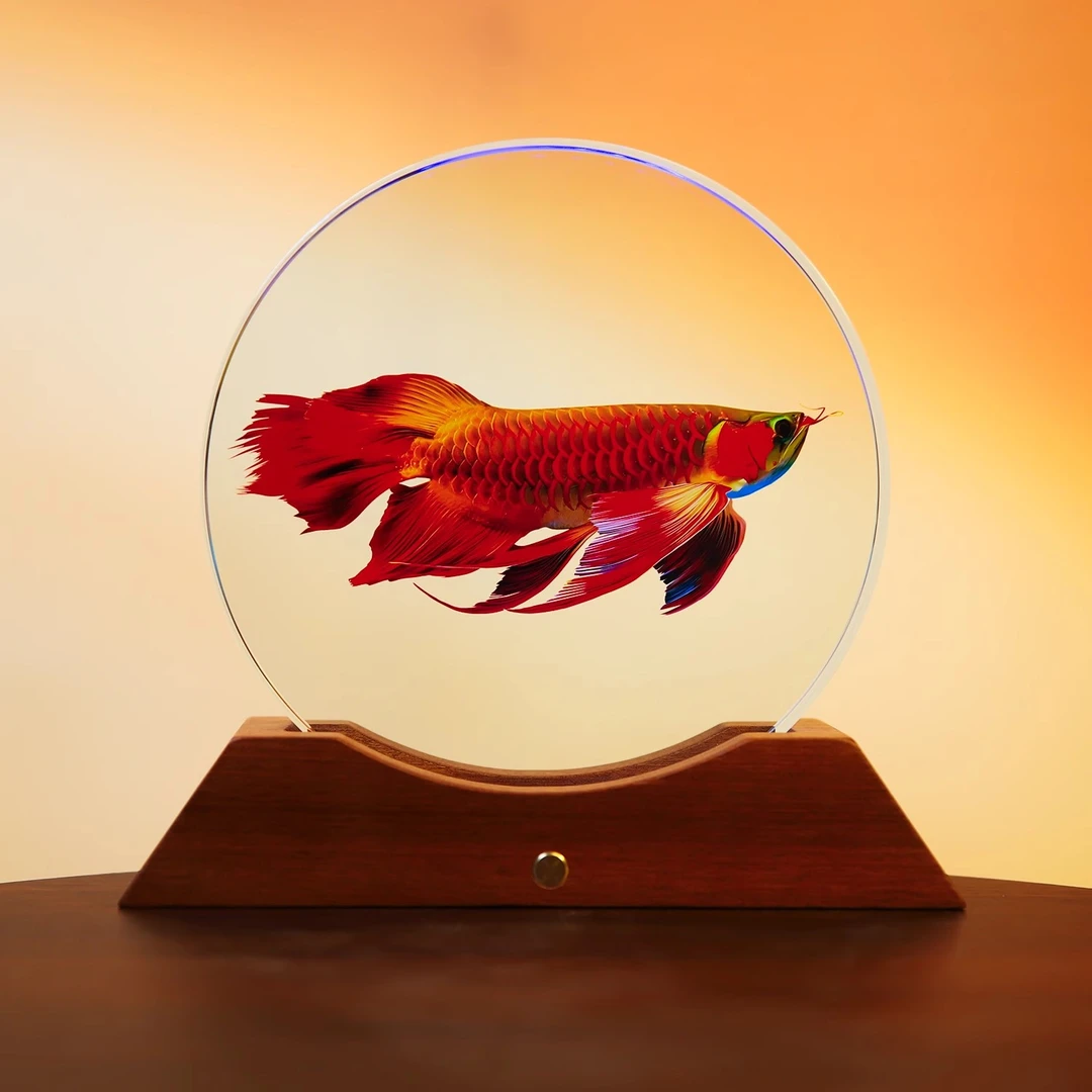 【圆形内雕】红龙鱼水晶砖摆件高档卧室创意中式玄关书房摆设艺术品