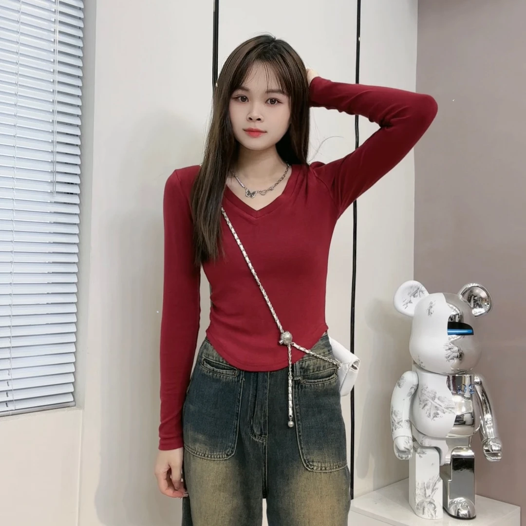 纯色V领百搭不规则长袖T恤女秋冬内搭打底修身显瘦短款上衣C9908